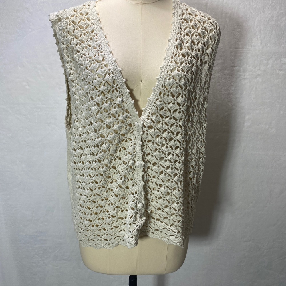 VTG CHAUS Woman‎ Cream Crochet Vest Cardigan Sweater 100% Silk Boho